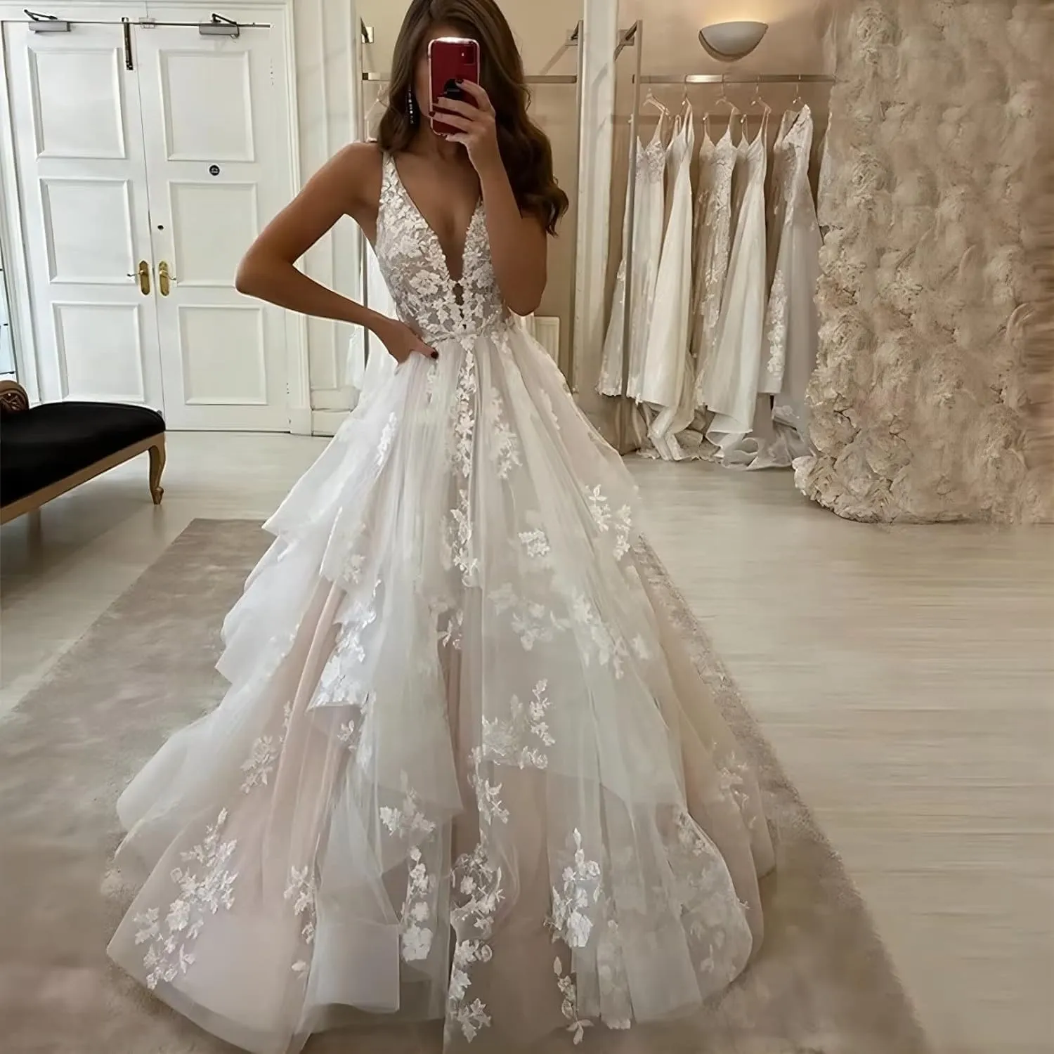 Mermaid Long Sleeve Wedding Dresses for Bride Lace Applique V-Neck Boho Bridal Dress with Train