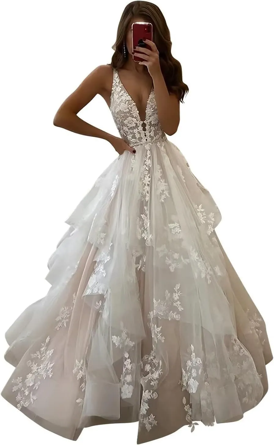 Mermaid Long Sleeve Wedding Dresses for Bride Lace Applique V-Neck Boho Bridal Dress with Train