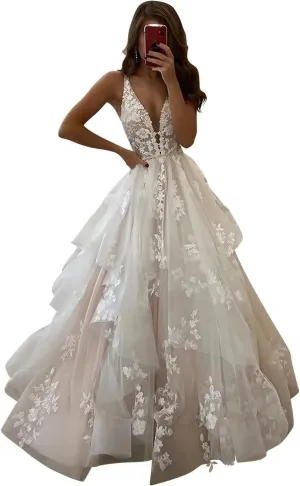 Mermaid Long Sleeve Wedding Dresses for Bride Lace Applique V-Neck Boho Bridal Dress with Train
