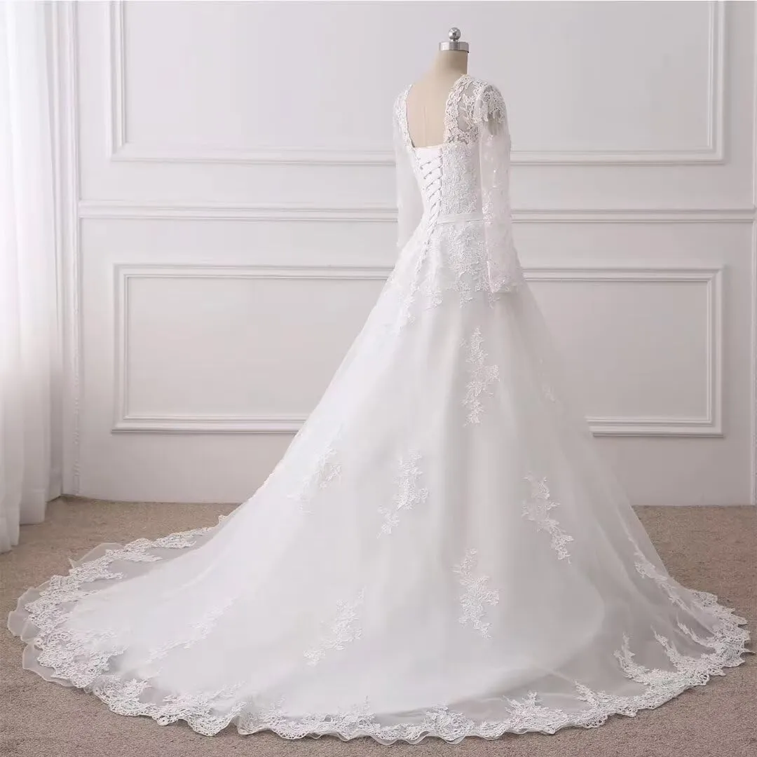 Mermaid Long Sleeve Wedding Dresses for Bride Lace Applique V-Neck Boho Bridal Dress with Train