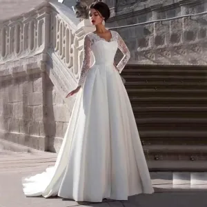 Mermaid Long Sleeve Wedding Dresses for Bride Lace Applique V-Neck Boho Bridal Dress with Train
