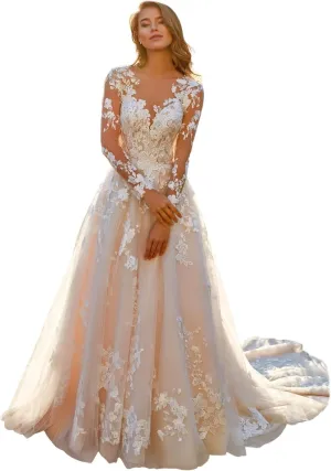 Mermaid Long Sleeve Wedding Dresses for Bride Lace Applique V-Neck Boho Bridal Dress with Train
