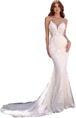 Mermaid Wedding Dresses for Bride Lace Beach Tulle Applique V-Neck Boho Bridal Dress for Bride with Train