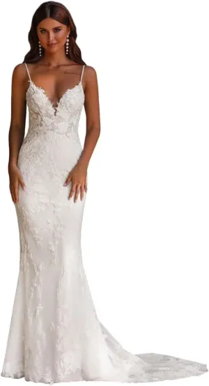 Mermaid Wedding Dresses for Bride Lace Beach Tulle Applique V-Neck Boho Bridal Dress for Bride with Train