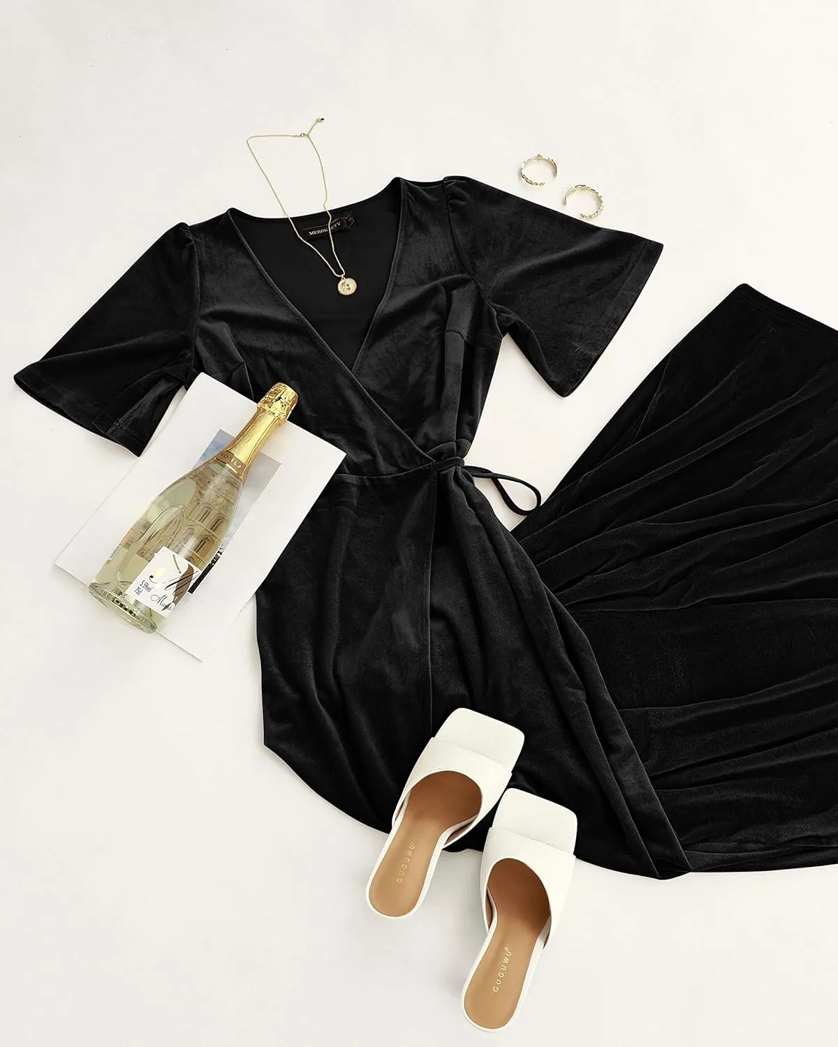 MEROKEETY Women's V Neck Wrap Velvet Maxi Dress Bell Sleeve Split Bridesmaid Cocktail Party Dresses