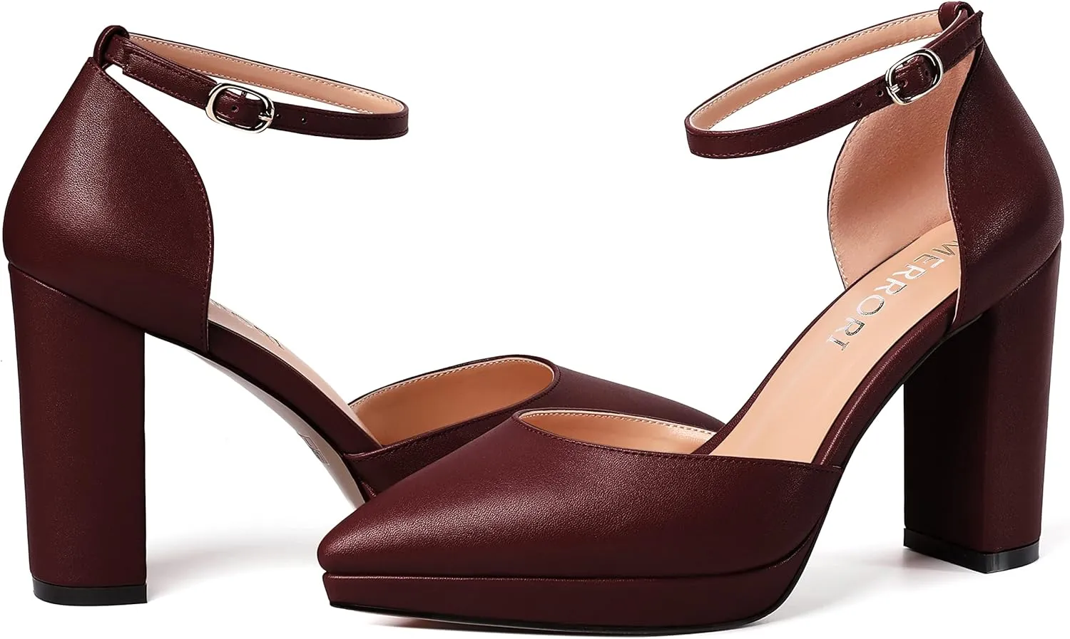 MERRORI Womens Ankle Strap Matte Dress Pointed Toe Evening Buckle Platform Chunky High Heel Pumps Shoes 4 Inch
