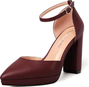 MERRORI Womens Ankle Strap Matte Dress Pointed Toe Evening Buckle Platform Chunky High Heel Pumps Shoes 4 Inch
