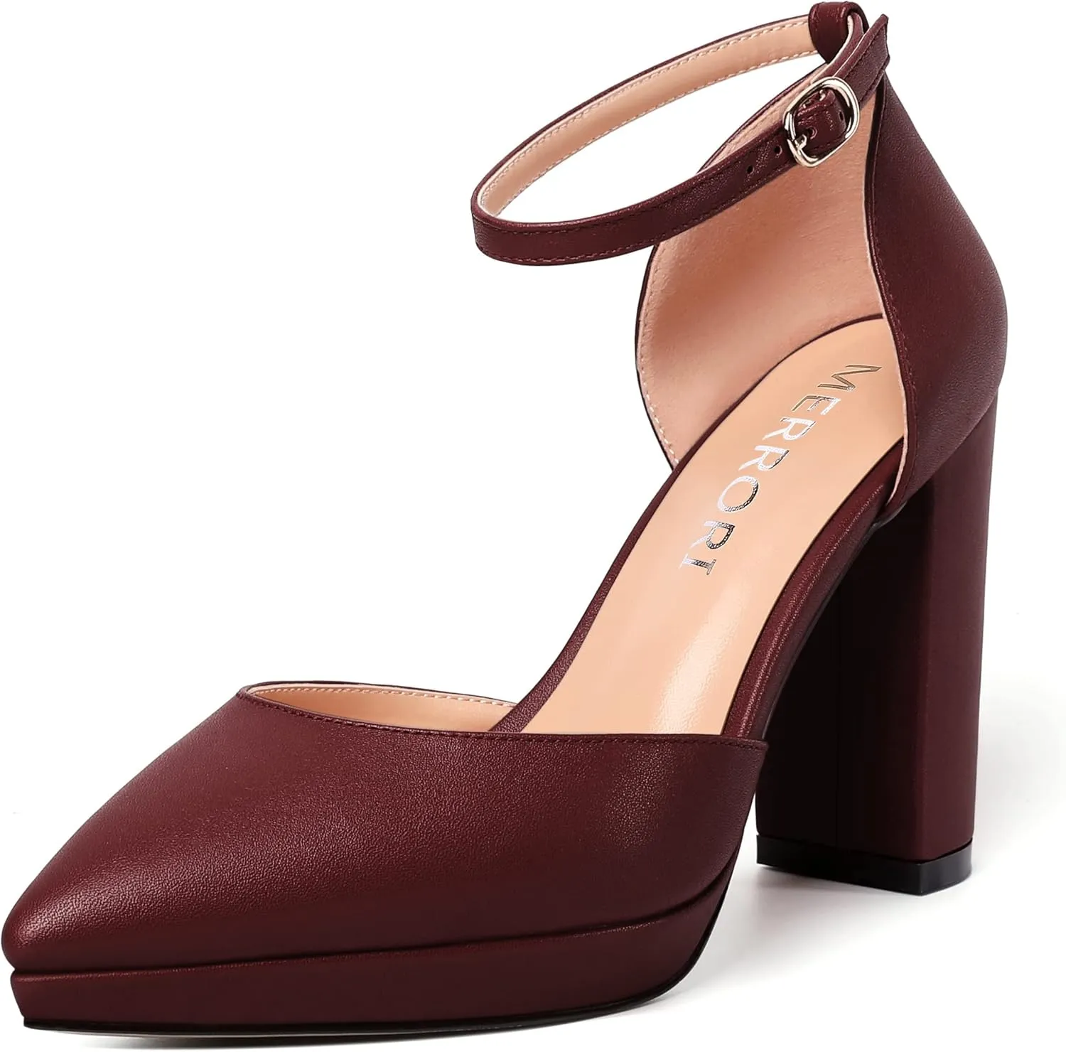 MERRORI Womens Ankle Strap Matte Dress Pointed Toe Evening Buckle Platform Chunky High Heel Pumps Shoes 4 Inch