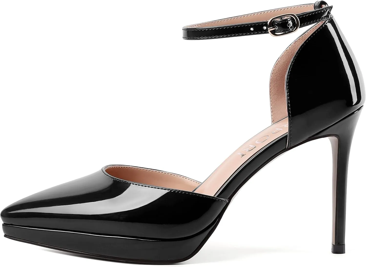 MERRORI Womens Buckle Patent Evening Sexy Solid Platform Pointed Toe Ankle Strap Stiletto High Heel Pumps Shoes 4 Inch