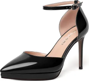 MERRORI Womens Buckle Patent Evening Sexy Solid Platform Pointed Toe Ankle Strap Stiletto High Heel Pumps Shoes 4 Inch