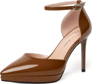 MERRORI Womens Buckle Patent Evening Sexy Solid Platform Pointed Toe Ankle Strap Stiletto High Heel Pumps Shoes 4 Inch