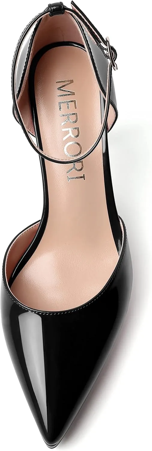 MERRORI Womens Buckle Patent Evening Sexy Solid Platform Pointed Toe Ankle Strap Stiletto High Heel Pumps Shoes 4 Inch