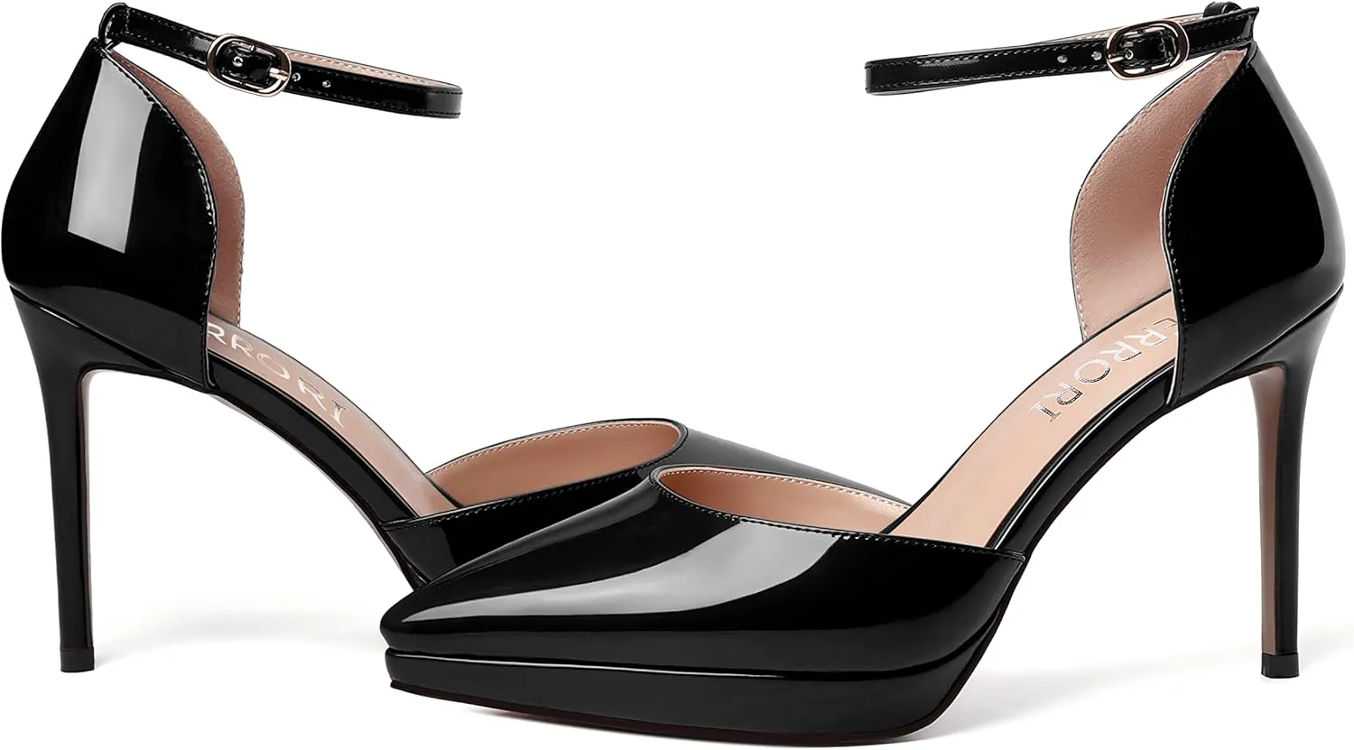 MERRORI Womens Buckle Patent Evening Sexy Solid Platform Pointed Toe Ankle Strap Stiletto High Heel Pumps Shoes 4 Inch
