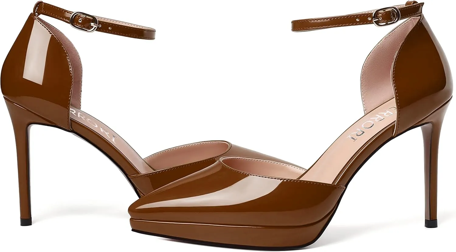 MERRORI Womens Buckle Patent Evening Sexy Solid Platform Pointed Toe Ankle Strap Stiletto High Heel Pumps Shoes 4 Inch
