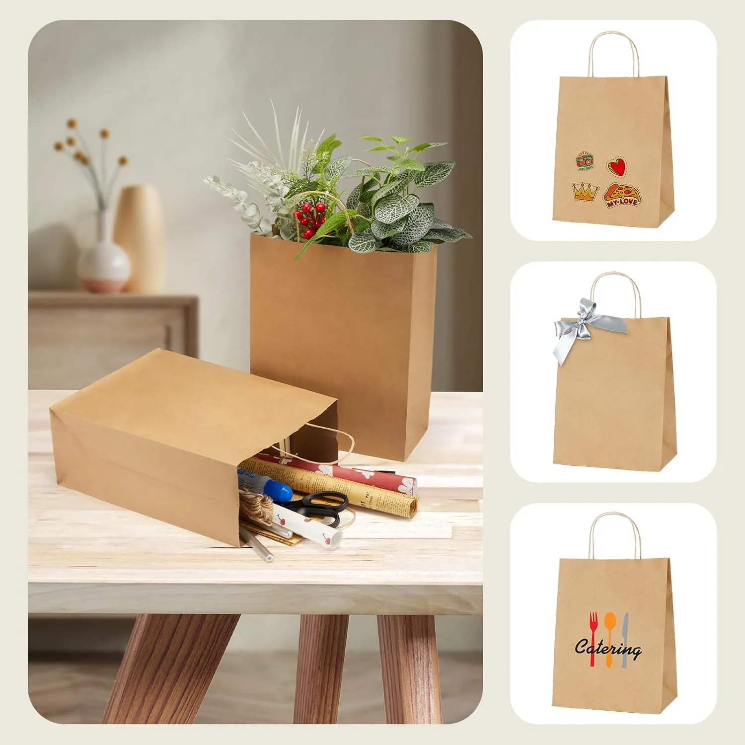 MESHA Large Paper Bags 10x5x13 Inch Kraft Shopping Paper Bags with Handles Bulk 50 Pack Large Gift Bag Retail Recycled Birthday Wedding Party Favors Brown