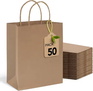 MESHA Large Paper Bags 10x5x13 Inch Kraft Shopping Paper Bags with Handles Bulk 50 Pack Large Gift Bag Retail Recycled Birthday Wedding Party Favors Brown