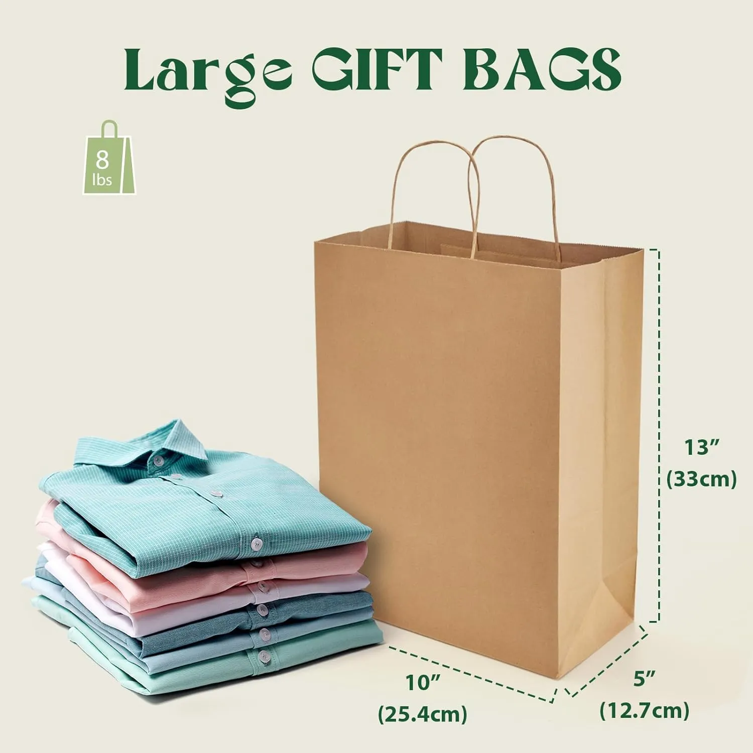 MESHA Large Paper Bags 10x5x13 Inch Kraft Shopping Paper Bags with Handles Bulk 50 Pack Large Gift Bag Retail Recycled Birthday Wedding Party Favors Brown