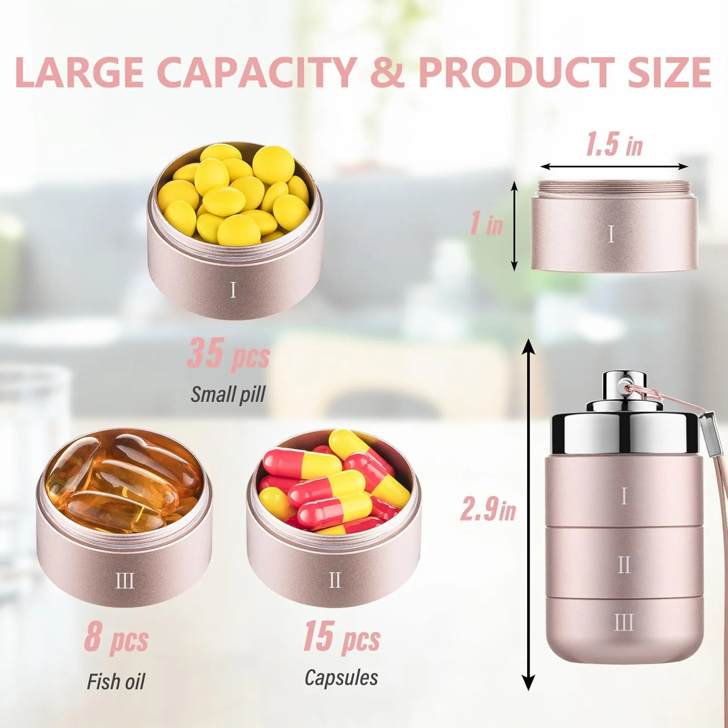Metal Travel Pill Organizer, Portable Waterproof Daily Pill Box, Large Aluminum Pill Case Container 3 Times a Day Vitamin Organizer, Daily Medicine Organizer for Vitamin, Fish Oil, Supplement