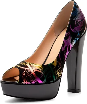 Mettesally Women's Peep Toe Platform Pumps Chunky Heel Slip On Weding Party Evening Dress Shoes
