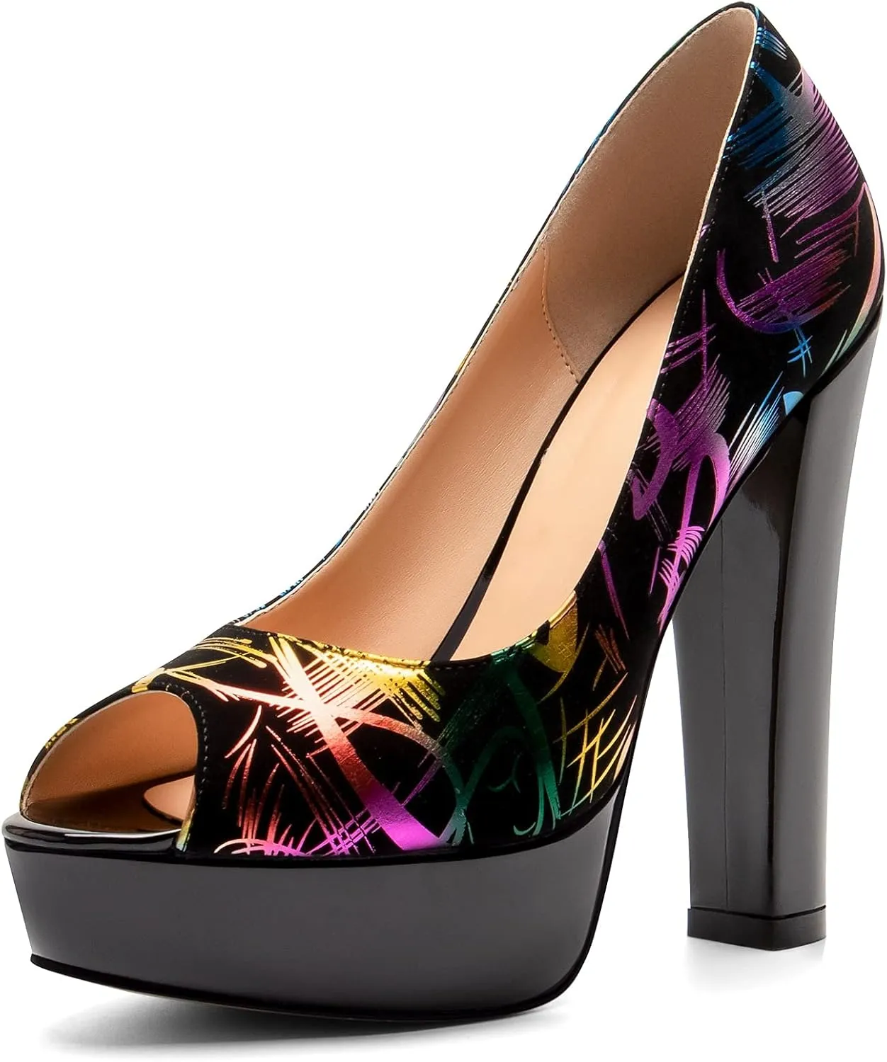 Mettesally Women's Peep Toe Platform Pumps Chunky Heel Slip On Weding Party Evening Dress Shoes