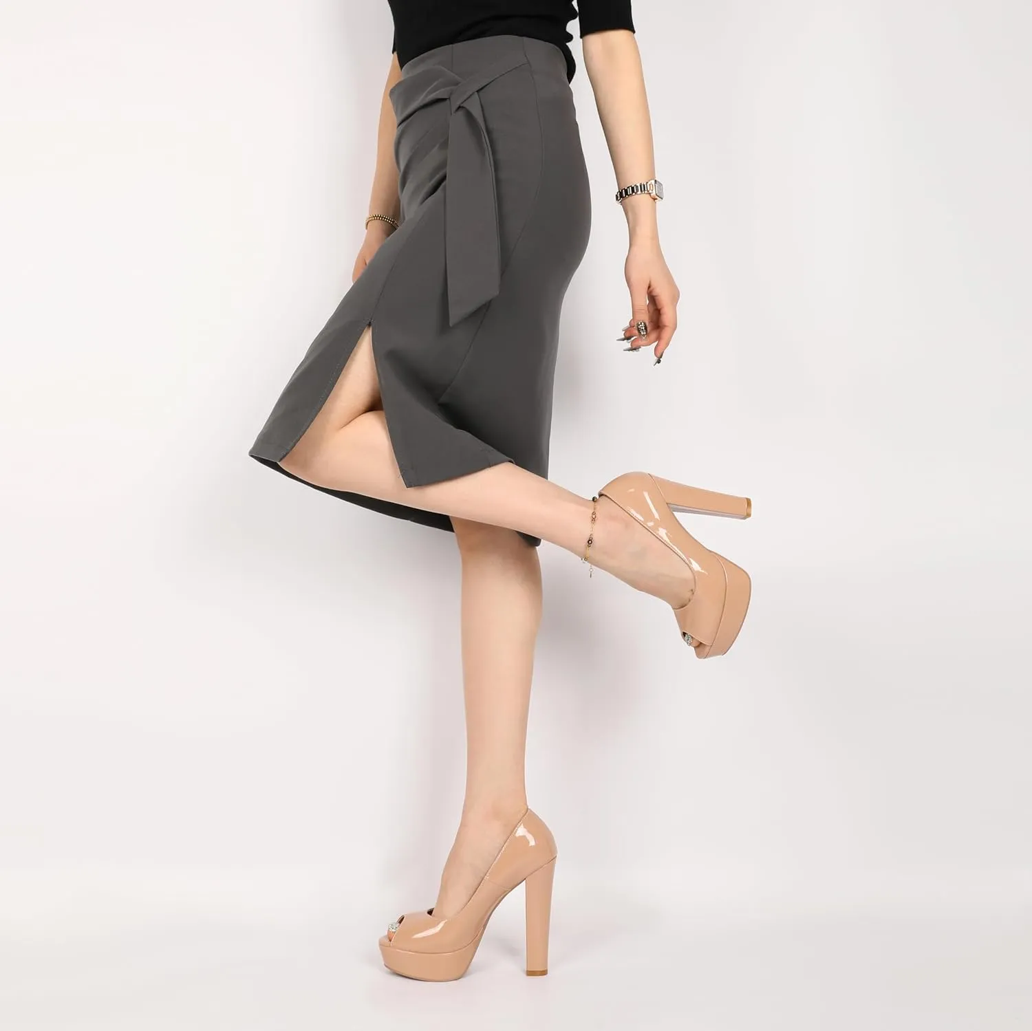 Mettesally Women's Peep Toe Platform Pumps Chunky Heel Slip On Weding Party Evening Dress Shoes