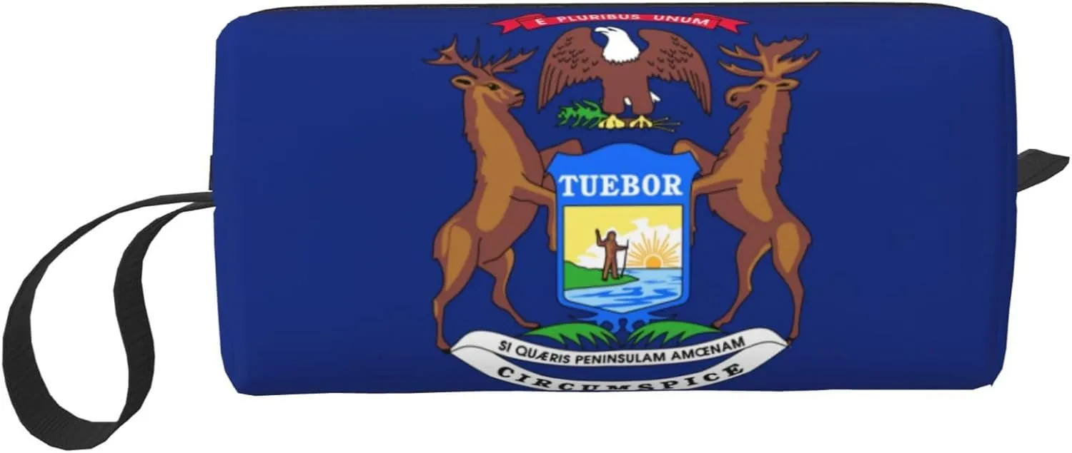 Michigan State Flag print Large Capacity Travel Makeup Case Organizer Makeup Bag Portable Cosmetic Bag For Women
