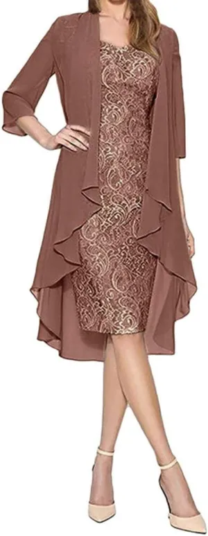 Midi Dresses for Women Two Piece Lace Summer Vacation Casual Dresses with 3/4 Sleeve Cover Ups Elegant Flowy Dresses