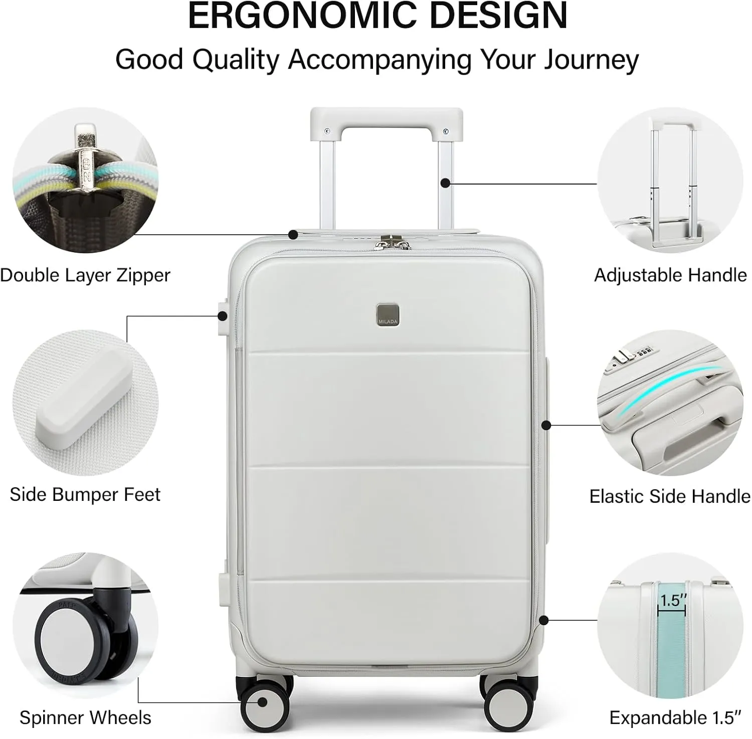 MILADA Expandable Carry On Luggage 22x14x9 Airline Approved With Wheels Top Opening 20 inch Carry On Bag Hard Case Luggage TSA Approved Carry On Suitcase Rolling Luggage For Women Men, White