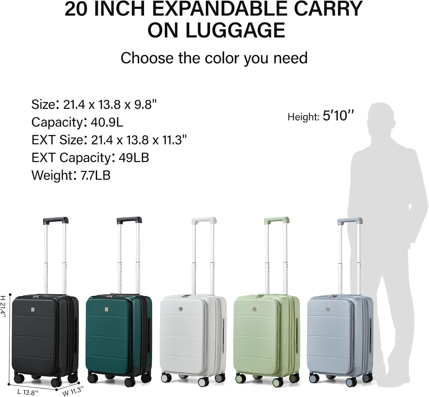 MILADA Expandable Carry On Luggage 22x14x9 Airline Approved With Wheels Top Opening 20 inch Carry On Bag Hard Case Luggage TSA Approved Carry On Suitcase Rolling Luggage For Women Men, White