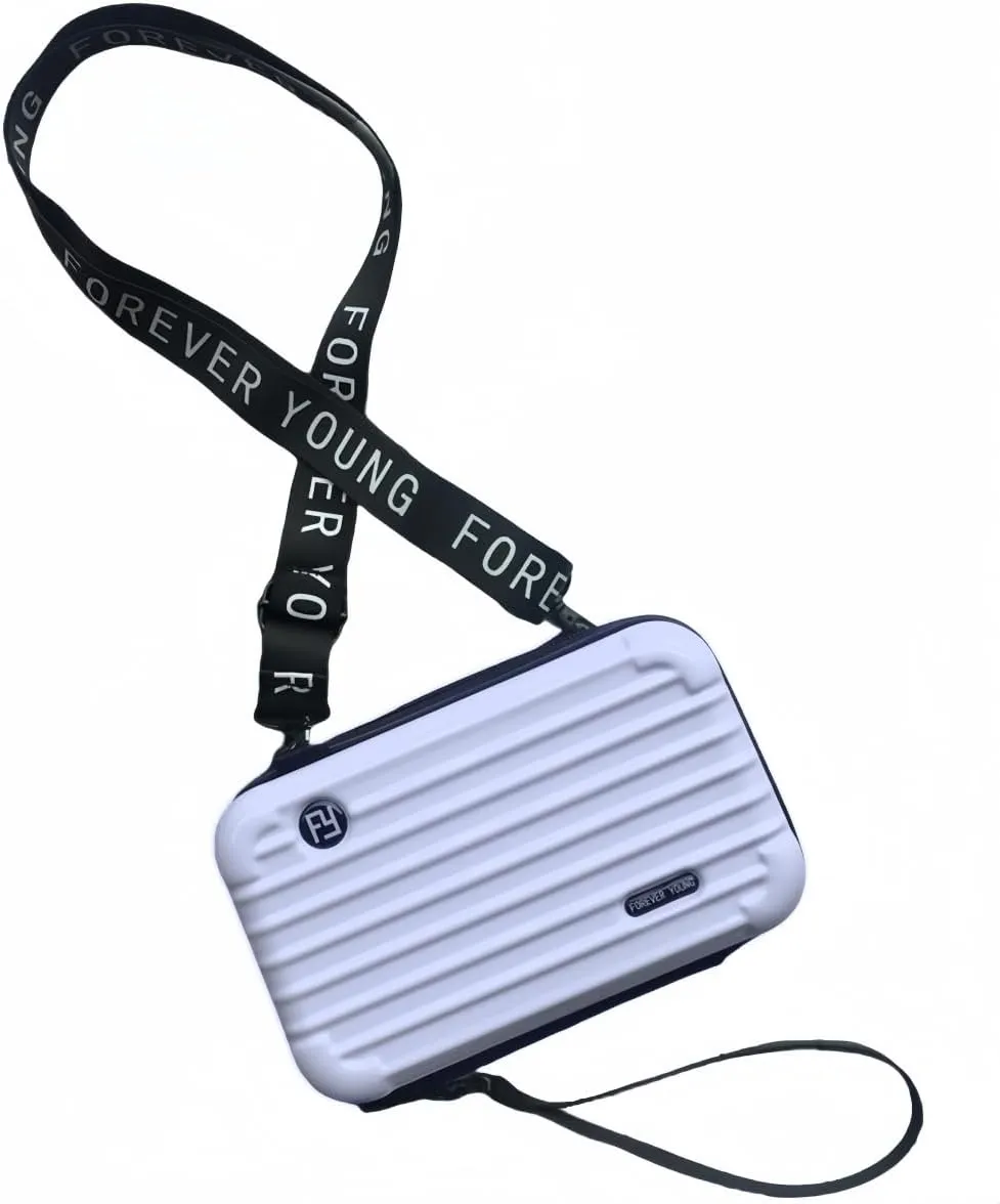 Mini Luggage Crossbody Bag - Stylish and Durable Hard Shell Travel Purse with Adjustable Forever Young Strap for Women - White