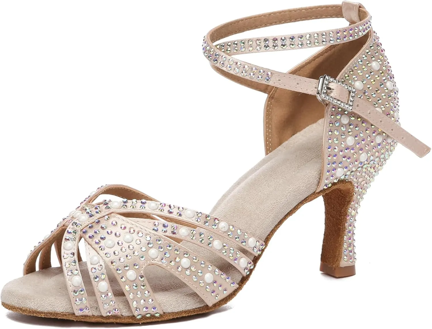 Minishion Comfortable High Heel Dance Shoes for Women Pearl Beaded Wedding Sandals