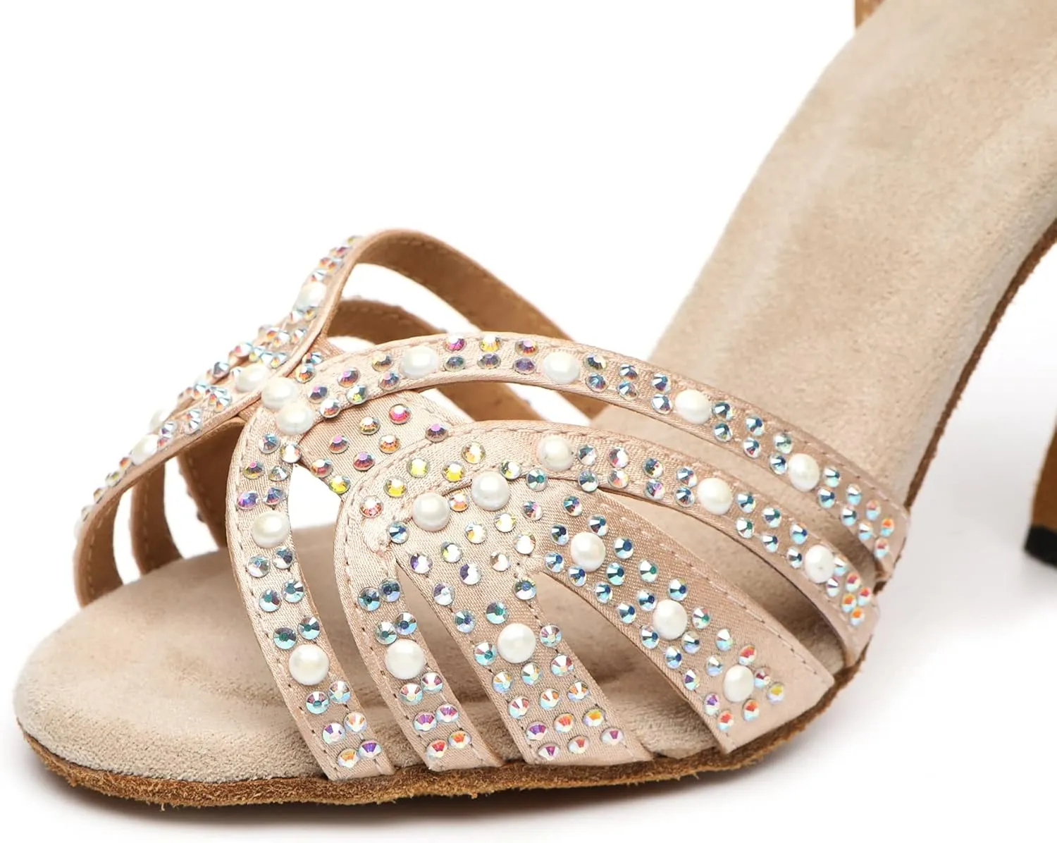 Minishion Comfortable High Heel Dance Shoes for Women Pearl Beaded Wedding Sandals