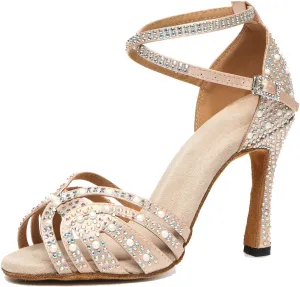 Minishion Comfortable High Heel Dance Shoes for Women Pearl Beaded Wedding Sandals