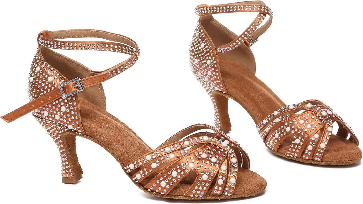 Minishion Comfortable High Heel Dance Shoes for Women Pearl Beaded Wedding Sandals