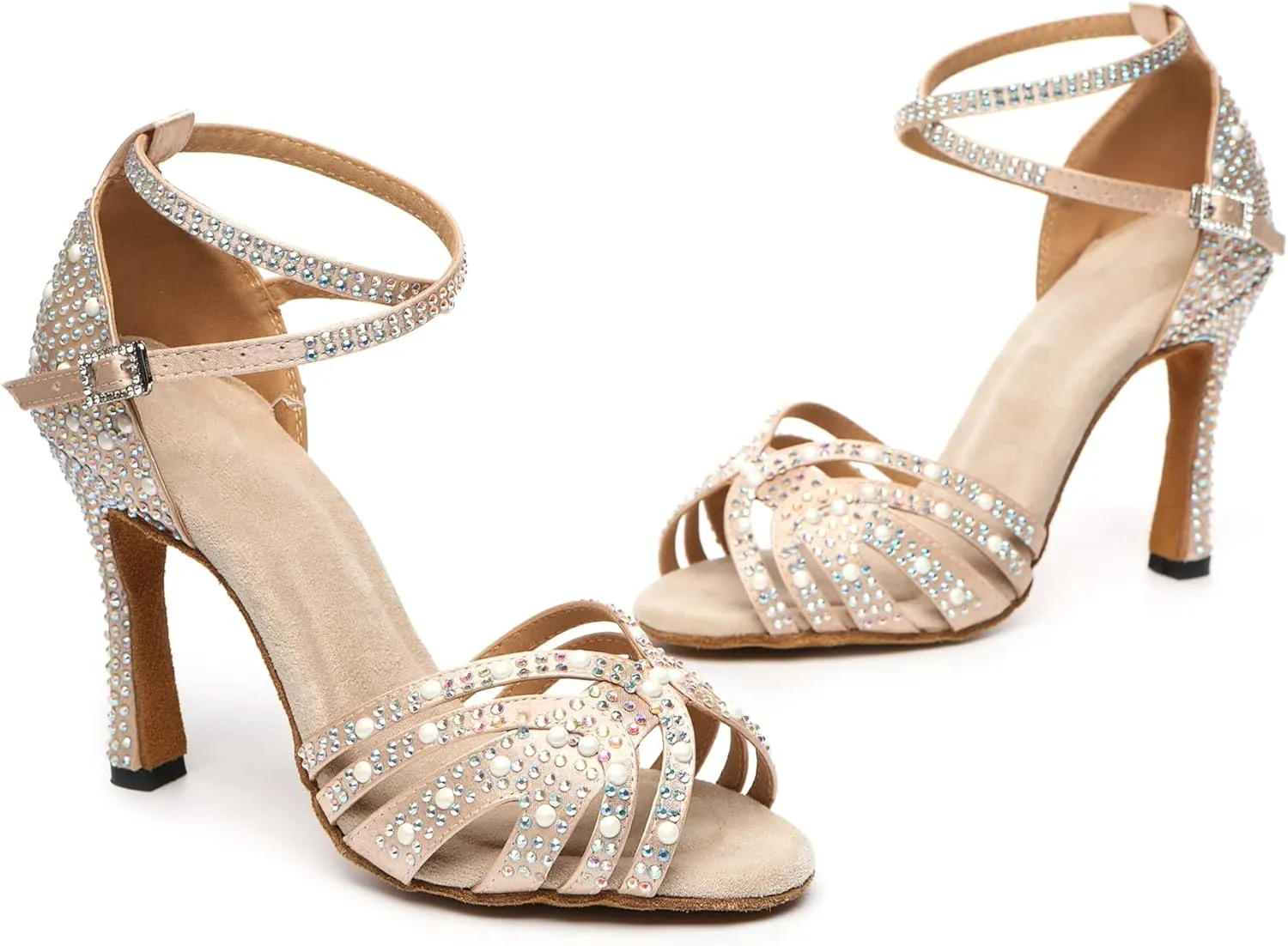 Minishion Comfortable High Heel Dance Shoes for Women Pearl Beaded Wedding Sandals