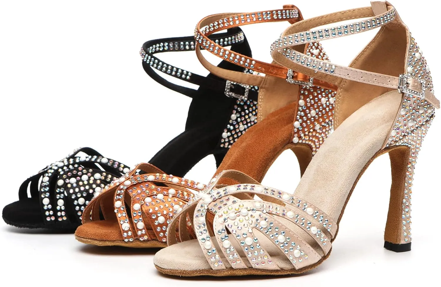 Minishion Comfortable High Heel Dance Shoes for Women Pearl Beaded Wedding Sandals