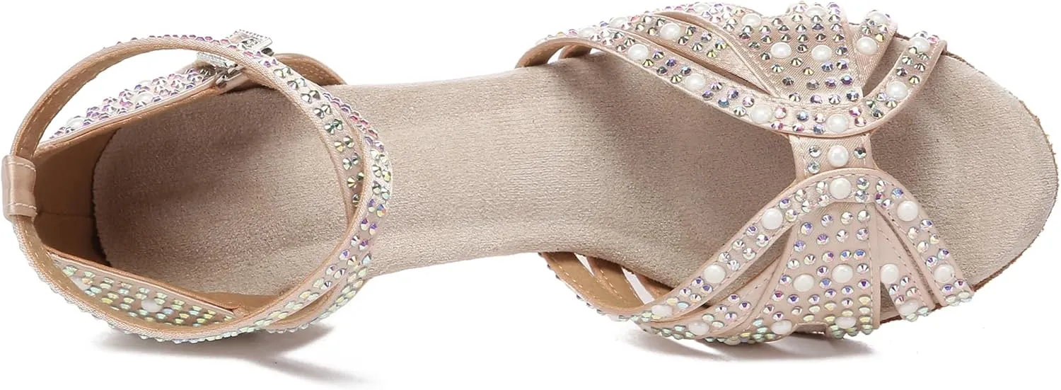Minishion Comfortable High Heel Dance Shoes for Women Pearl Beaded Wedding Sandals