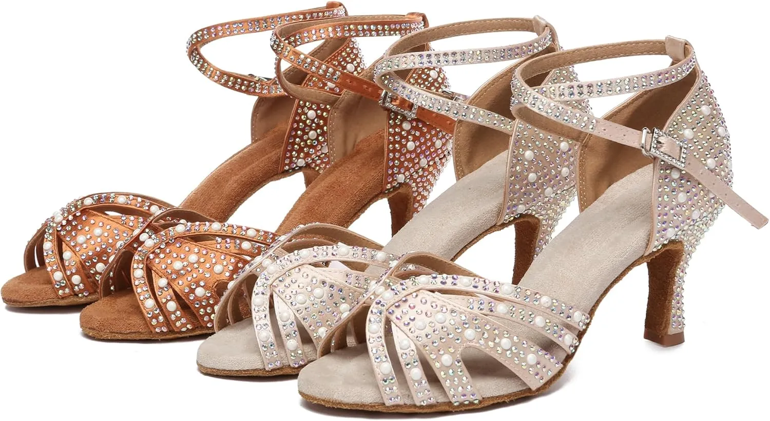 Minishion Comfortable High Heel Dance Shoes for Women Pearl Beaded Wedding Sandals