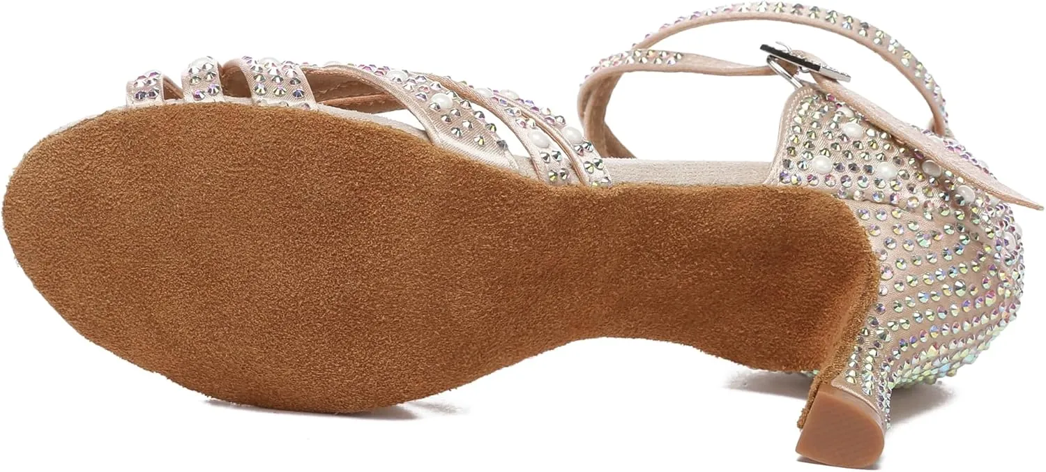 Minishion Comfortable High Heel Dance Shoes for Women Pearl Beaded Wedding Sandals