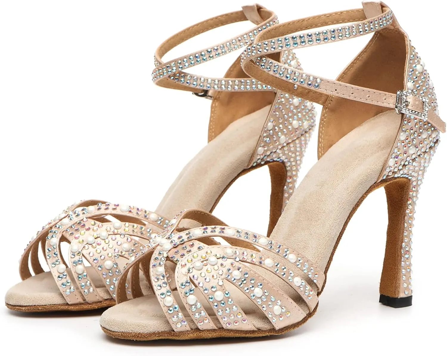 Minishion Comfortable High Heel Dance Shoes for Women Pearl Beaded Wedding Sandals