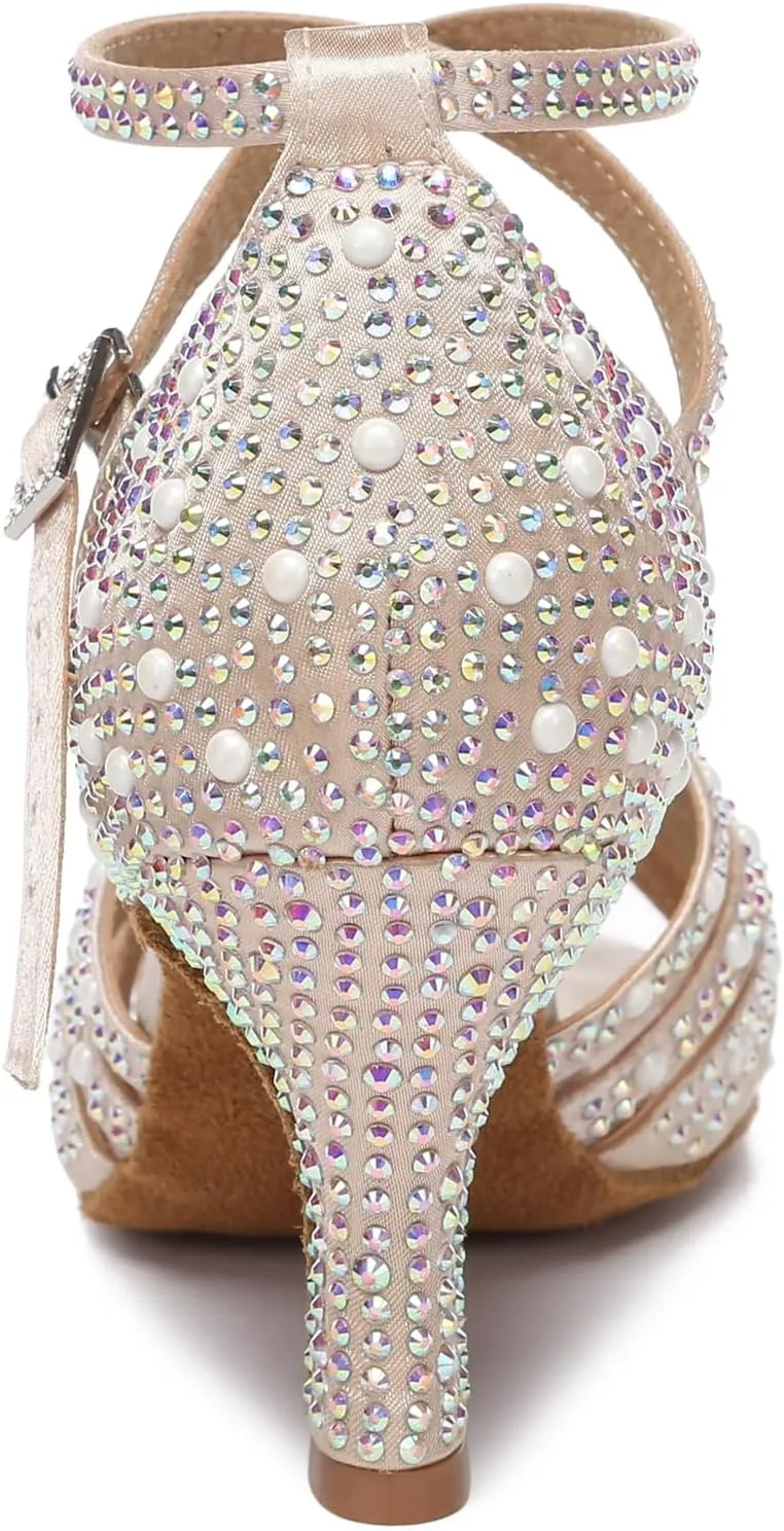 Minishion Comfortable High Heel Dance Shoes for Women Pearl Beaded Wedding Sandals