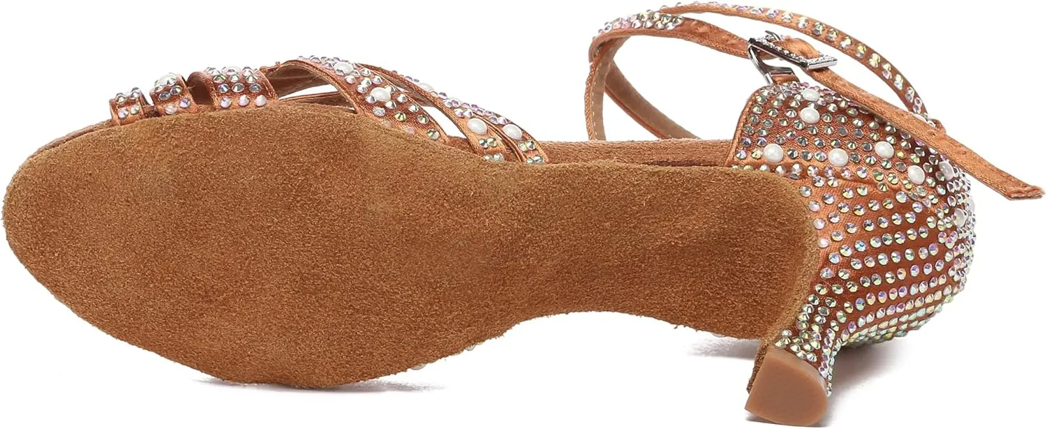 Minishion Comfortable High Heel Dance Shoes for Women Pearl Beaded Wedding Sandals