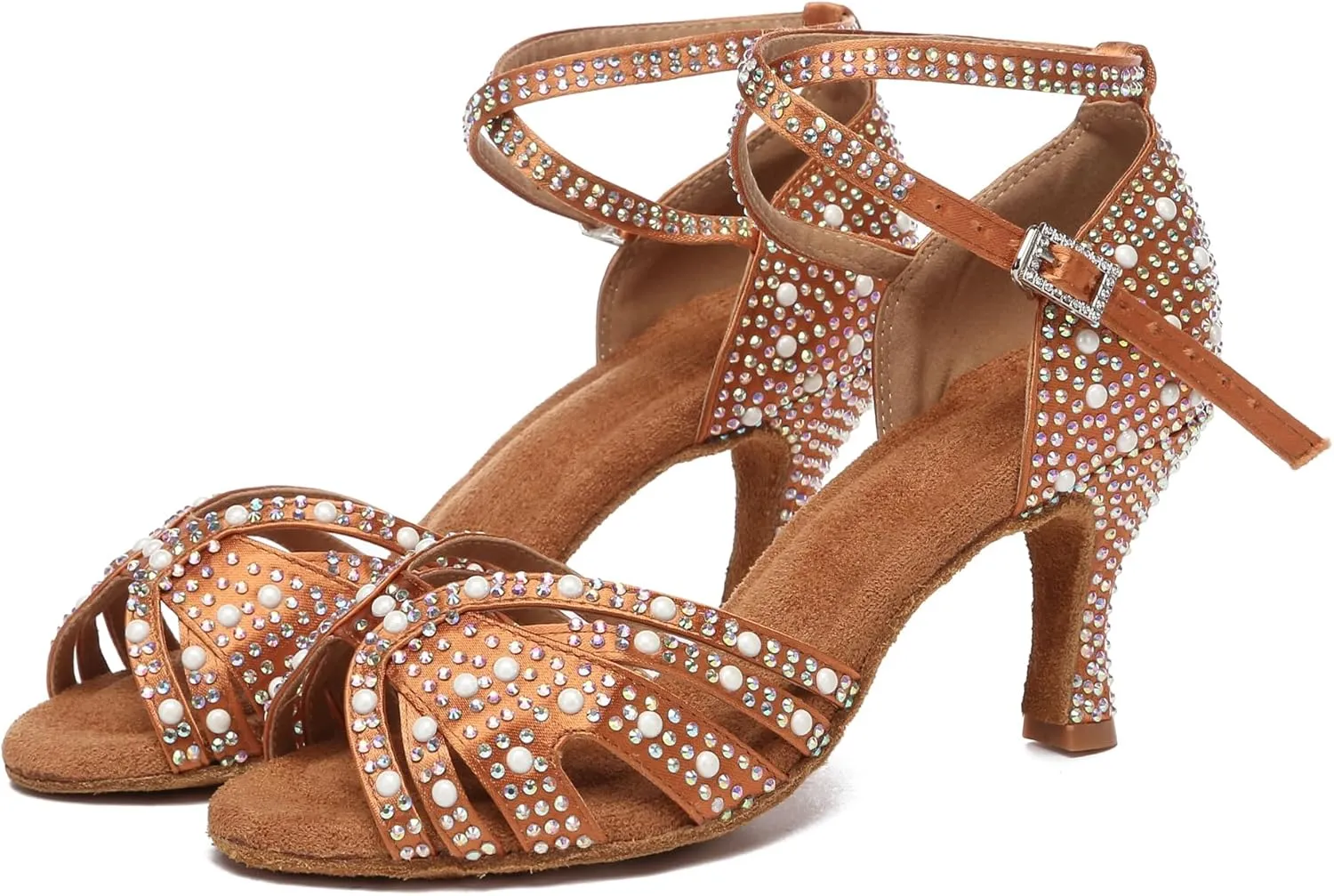 Minishion Comfortable High Heel Dance Shoes for Women Pearl Beaded Wedding Sandals