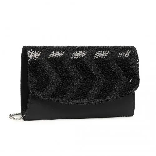 Miss Lulu Gorgeous Sequins Evening Clutch Bag Chain Shoulder Bag - Black