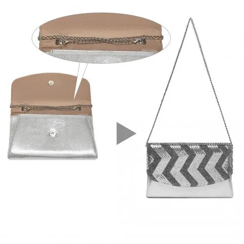 Miss Lulu Gorgeous Sequins Evening Clutch Bag Chain Shoulder Bag - Silver