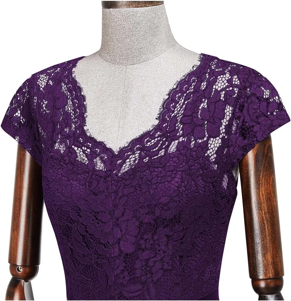 MISSMAY Women's Retro V-Neck Lace Split Style Evening Formal Long Dress