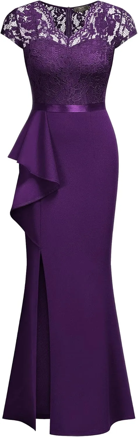 MISSMAY Women's Retro V-Neck Lace Split Style Evening Formal Long Dress
