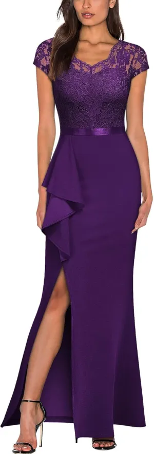 MISSMAY Women's Retro V-Neck Lace Split Style Evening Formal Long Dress