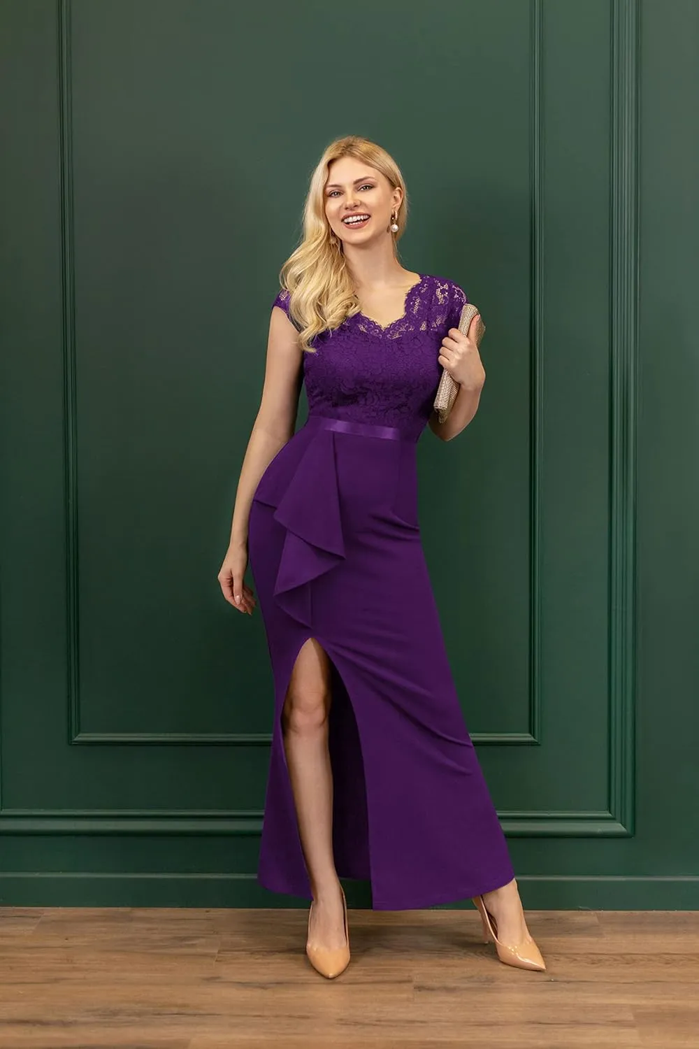 MISSMAY Women's Retro V-Neck Lace Split Style Evening Formal Long Dress