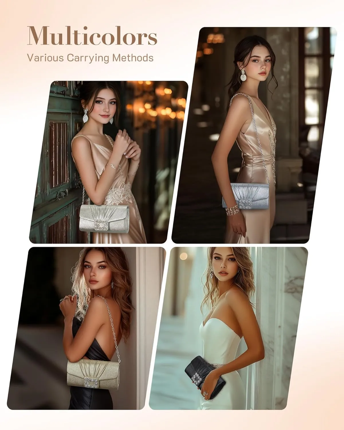 Missnine Evening Bag Pleated PU Leather Clutch Purse for Women Elegant Formal Wedding Handbag Sparkling Party Prom Purse